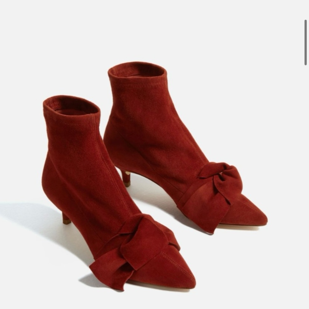 Zara Rust Suede Bow Sock Ankle Booties Kitten Heel Pointed Toe EU 40 - New!